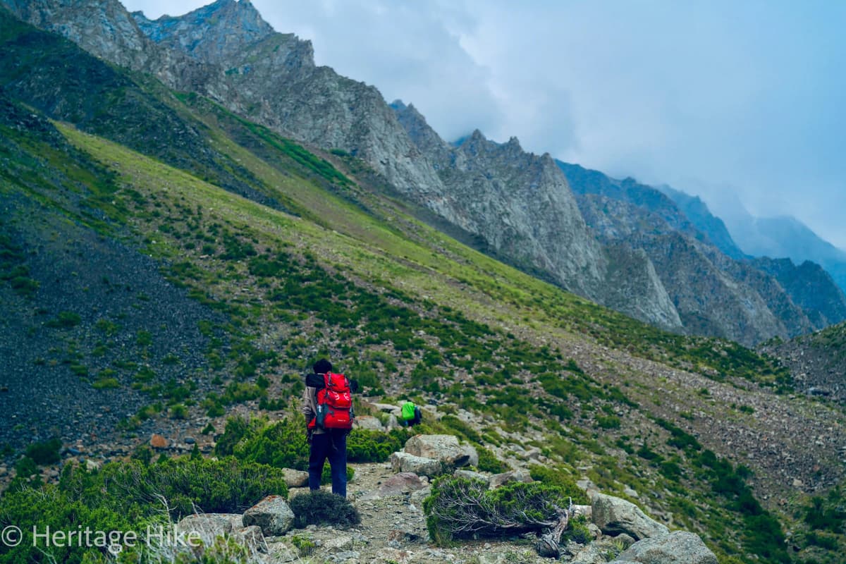 Remote Haramosh Valley in Baltistan with glacial terrain and high Karakoram peaks rising above the valley floor