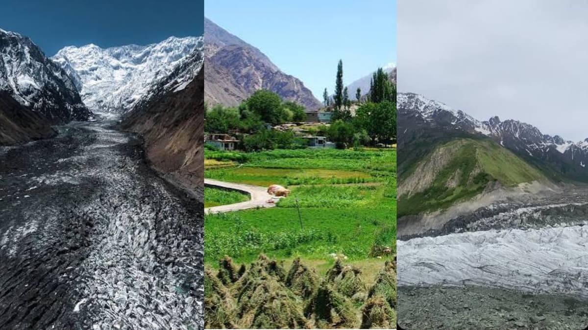 View of Hopper (Hoper) Glacier descending into the Nagar Valley with rugged ice pinnacles and surrounding Karakoram peaks